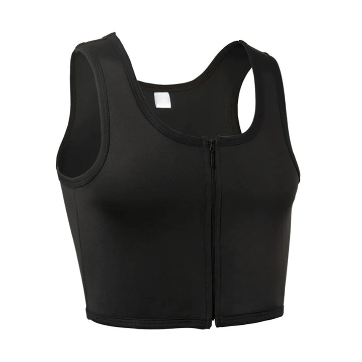 Dame let bustier top med lynlås, sort, rund halsudskæring, brede stropper, mesh stof, moderne stil.