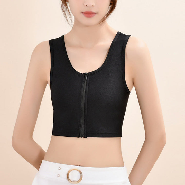 Dame let bustier top med lynlås, sort, rund halsudskæring, brede stropper, mesh stof, moderne stil.
