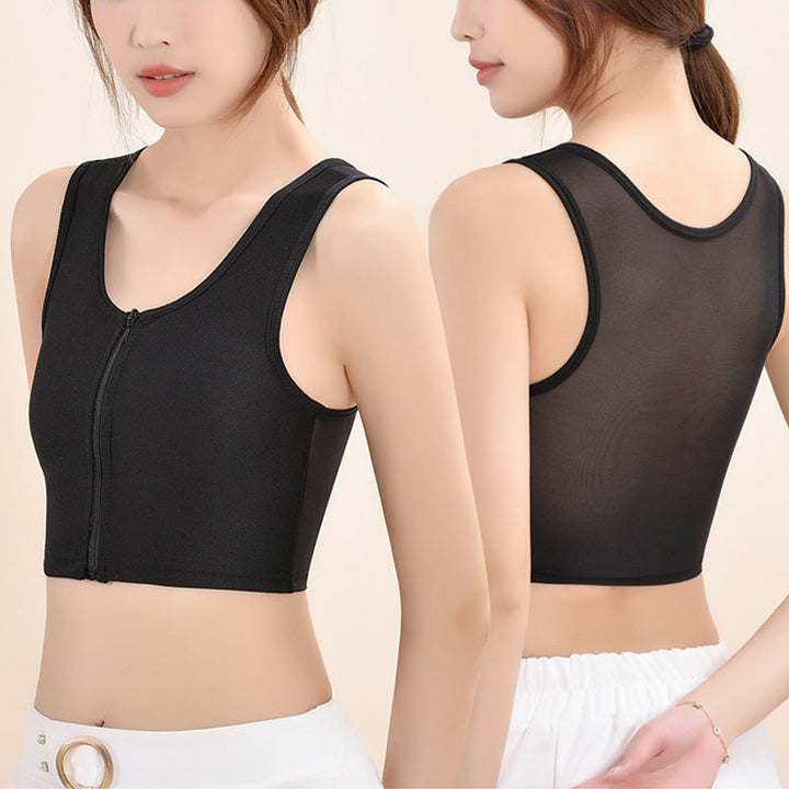 Dame let bustier top med lynlås, sort, rund halsudskæring, brede stropper, mesh stof, moderne stil.