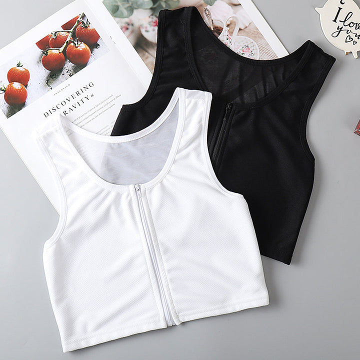 Dame let bustier top med lynlås, sort, rund halsudskæring, brede stropper, mesh stof, moderne stil.