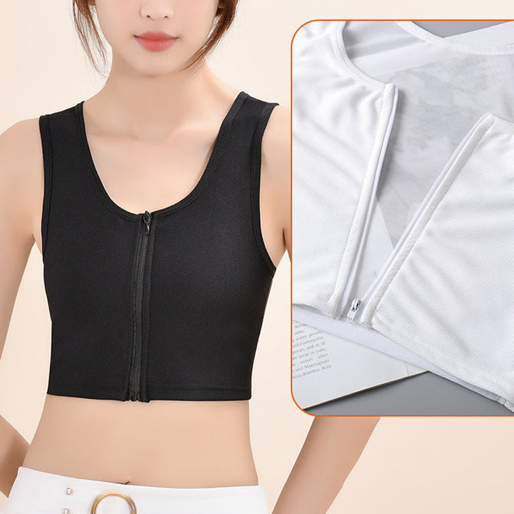 Dame let bustier top med lynlås, sort, rund halsudskæring, brede stropper, mesh stof, moderne stil.