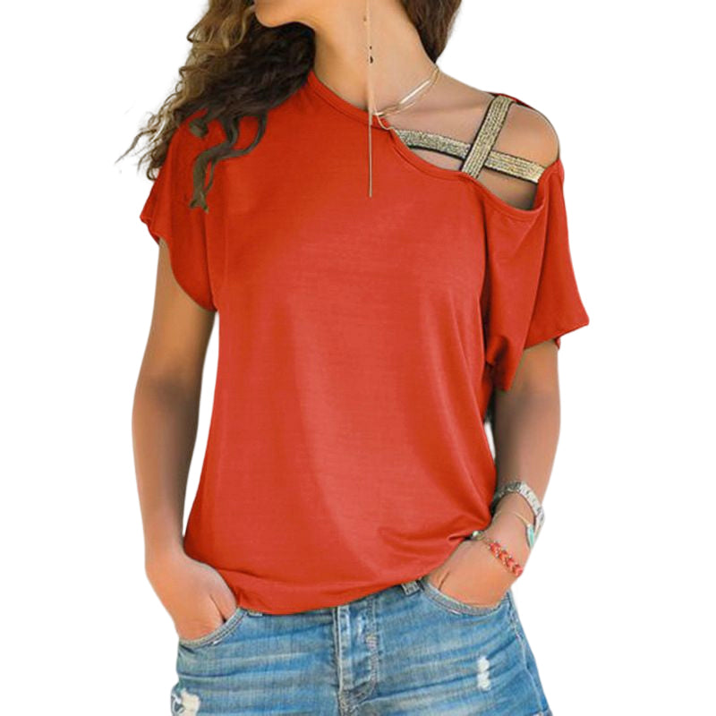 Dame off-shoulder T-shirt, asymmetrisk snit, blødt stof, fås i mange farver.