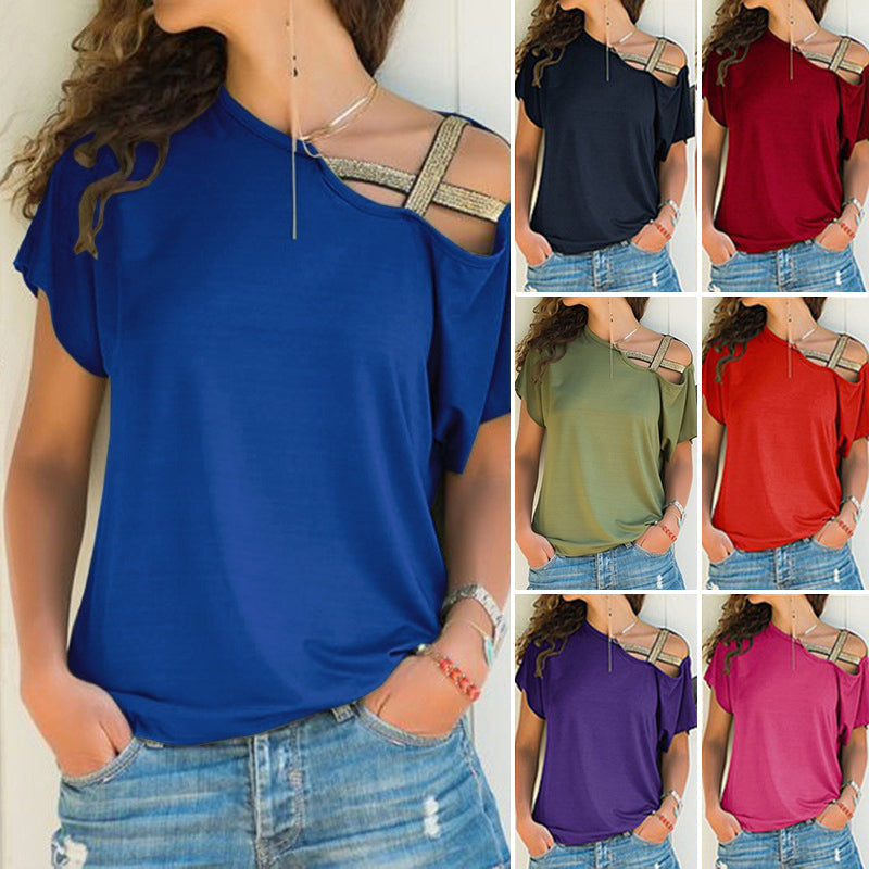 Dame off-shoulder T-shirt, asymmetrisk snit, blødt stof, fås i mange farver.