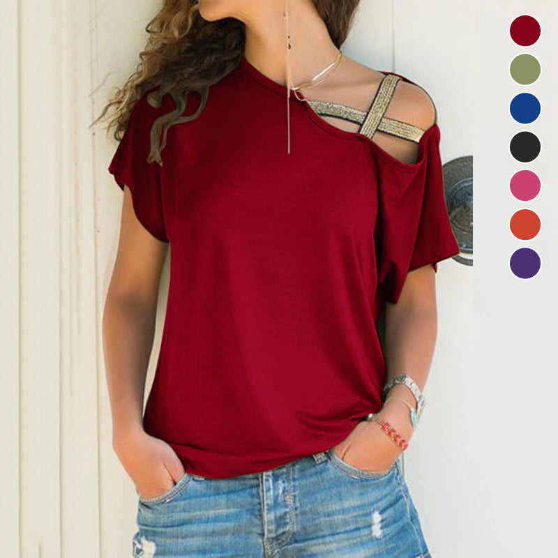 Dame off-shoulder T-shirt, asymmetrisk snit, blødt stof, fås i mange farver.