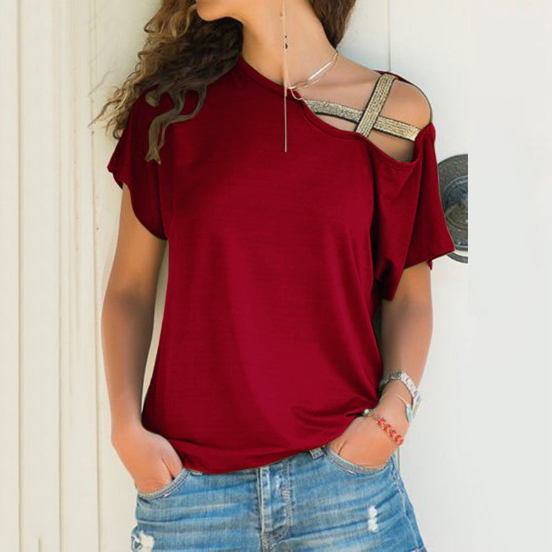 Dame off-shoulder T-shirt, asymmetrisk snit, blødt stof, fås i mange farver.