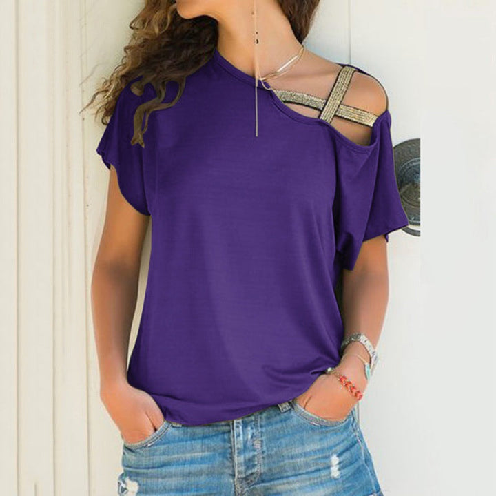 Dame off-shoulder T-shirt, asymmetrisk snit, blødt stof, fås i mange farver.