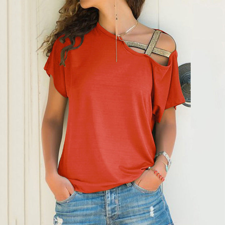 Dame off-shoulder T-shirt, asymmetrisk snit, blødt stof, fås i mange farver.