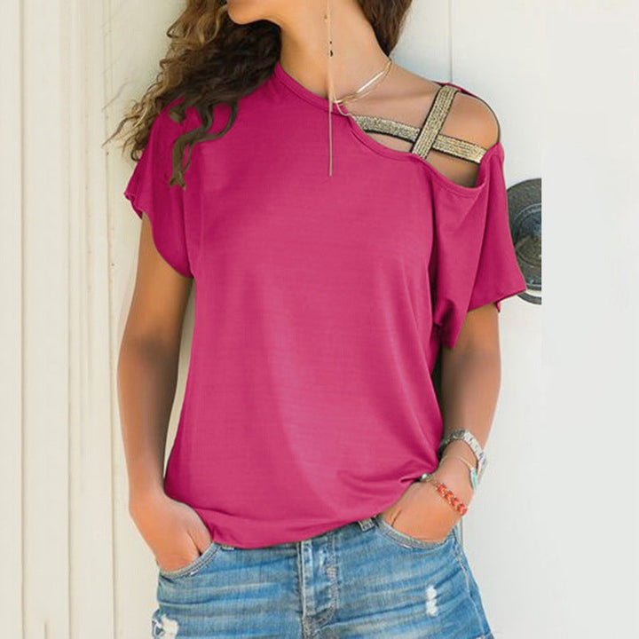 Dame off-shoulder T-shirt, asymmetrisk snit, blødt stof, fås i mange farver.