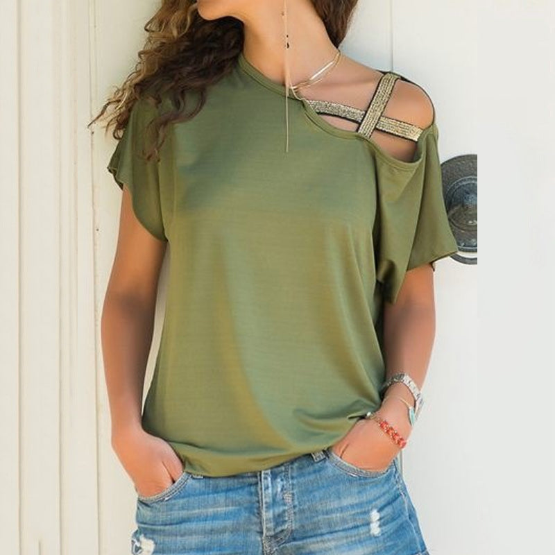 Dame off-shoulder T-shirt, asymmetrisk snit, blødt stof, fås i mange farver.