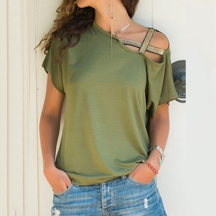 Dame off-shoulder T-shirt, asymmetrisk snit, blødt stof, fås i mange farver.