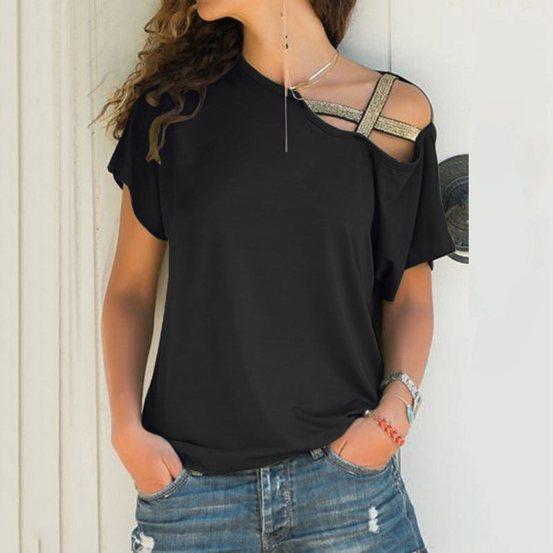 Dame off-shoulder T-shirt, asymmetrisk snit, blødt stof, fås i mange farver.
