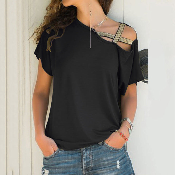 Dame off-shoulder T-shirt, asymmetrisk snit, blødt stof, fås i mange farver.