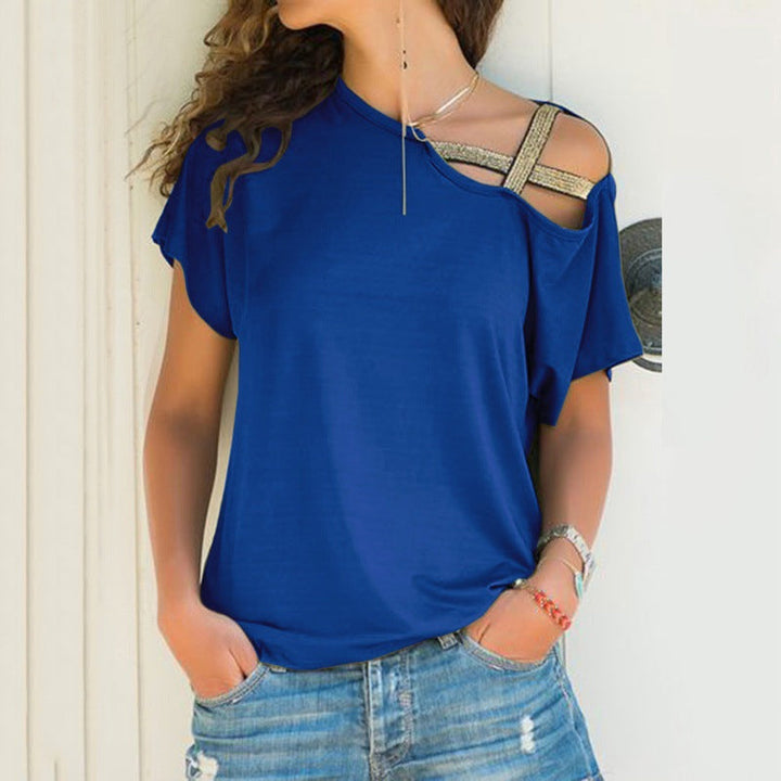 Dame off-shoulder T-shirt, asymmetrisk snit, blødt stof, fås i mange farver.