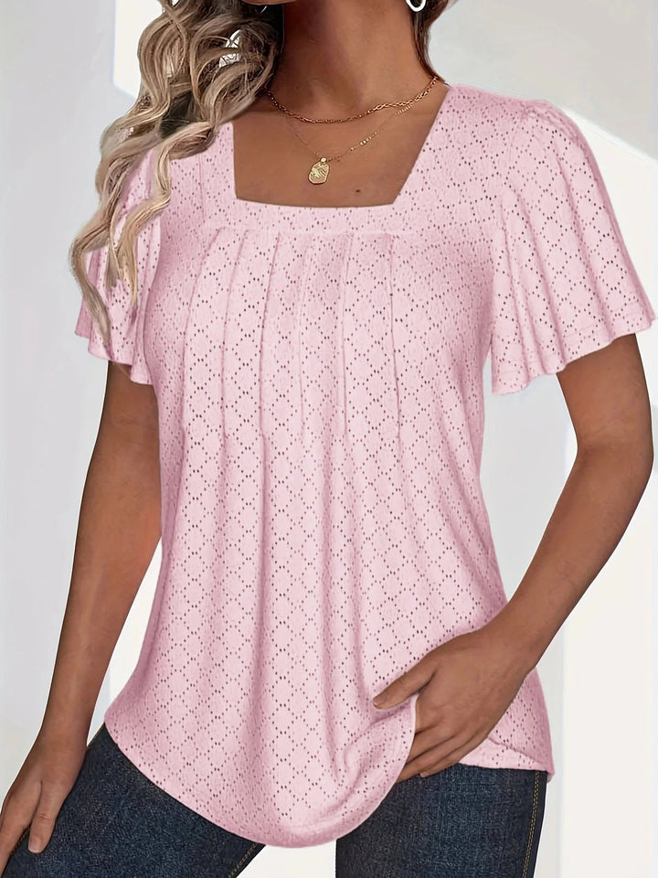 Dame hul bluse med flæseærmer: elegant top, løse ærmer, let materiale, velegnet til kontor og aften.
