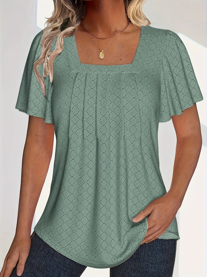 Dame hul bluse med flæseærmer: elegant top, løse ærmer, let materiale, velegnet til kontor og aften.
