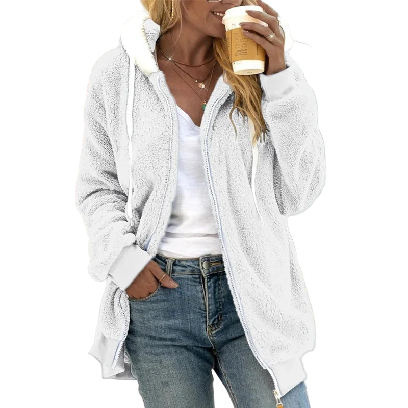 Naisten oversized teddy fleece hupparitakki, pehmeä ja lämmin, vetoketjullinen, hupullinen, trendikäs ribbed-hihansuut.