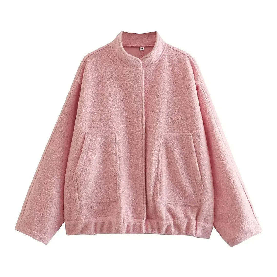 Dame oversized tweed bomberjakke, blødt tweed, skjulte knapper, afslappet pasform, praktiske lommer, stilfuld lag-på-lag beklædning