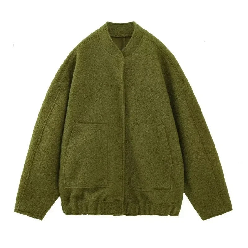 Dame oversized tweed bomberjakke, blødt tweed, skjulte knapper, afslappet pasform, praktiske lommer, stilfuld lag-på-lag beklædning