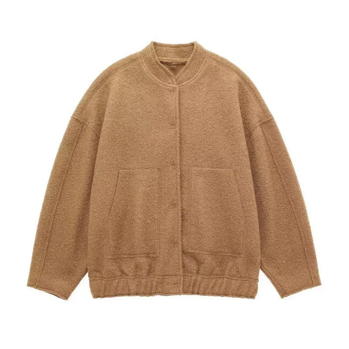 Dame oversized tweed bomberjakke, blødt tweed, skjulte knapper, afslappet pasform, praktiske lommer, stilfuld lag-på-lag beklædning
