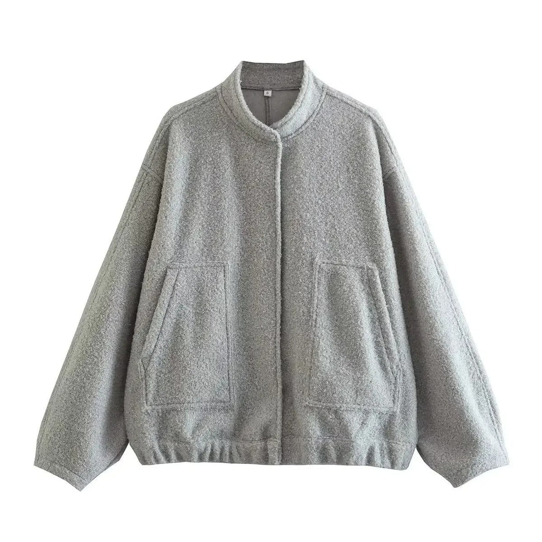 Dame oversized tweed bomberjakke, blødt tweed, skjulte knapper, afslappet pasform, praktiske lommer, stilfuld lag-på-lag beklædning