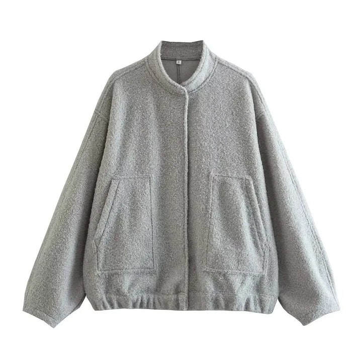 Dame oversized tweed bomberjakke, blødt tweed, skjulte knapper, afslappet pasform, praktiske lommer, stilfuld lag-på-lag beklædning