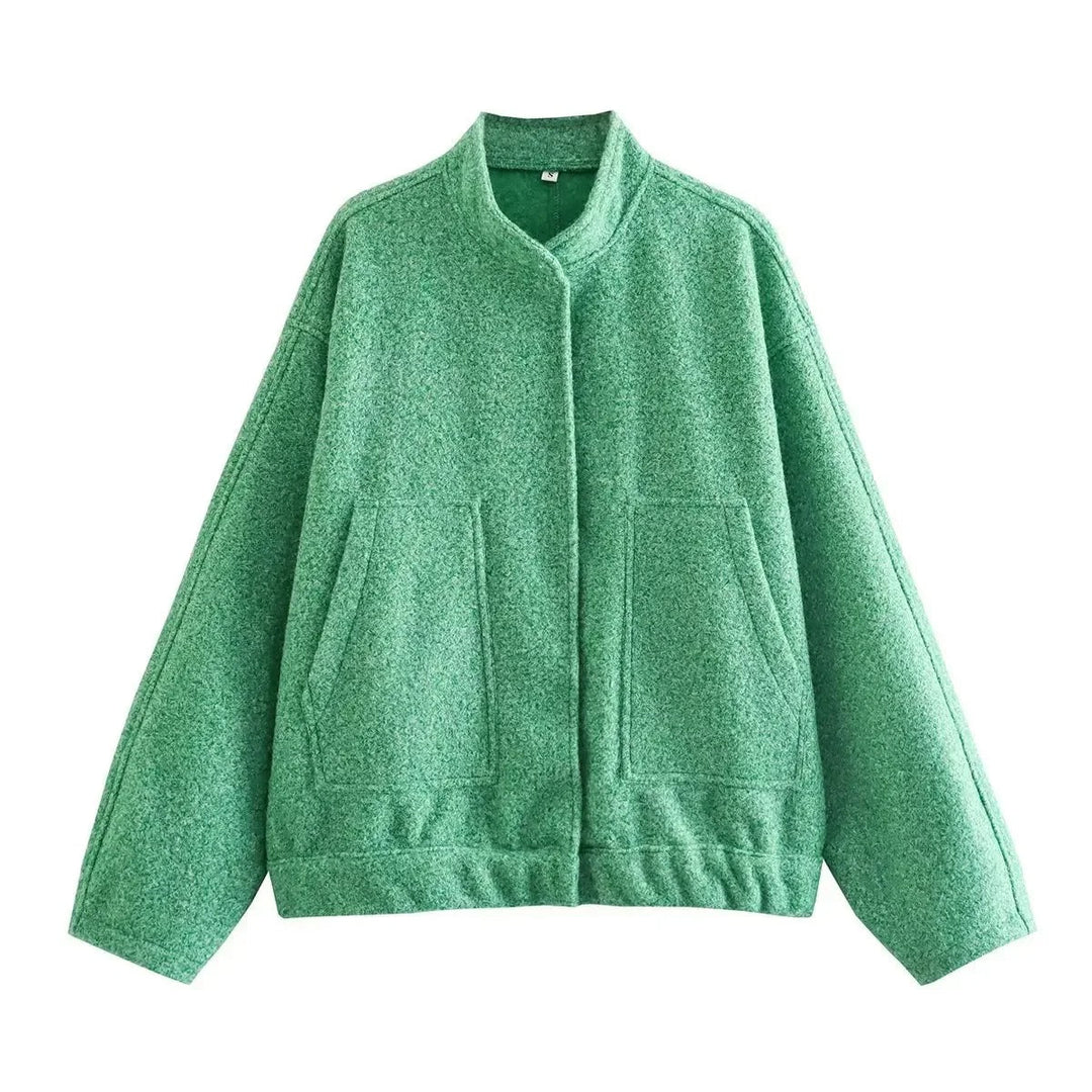 Dame oversized tweed bomberjakke, blødt tweed, skjulte knapper, afslappet pasform, praktiske lommer, stilfuld lag-på-lag beklædning