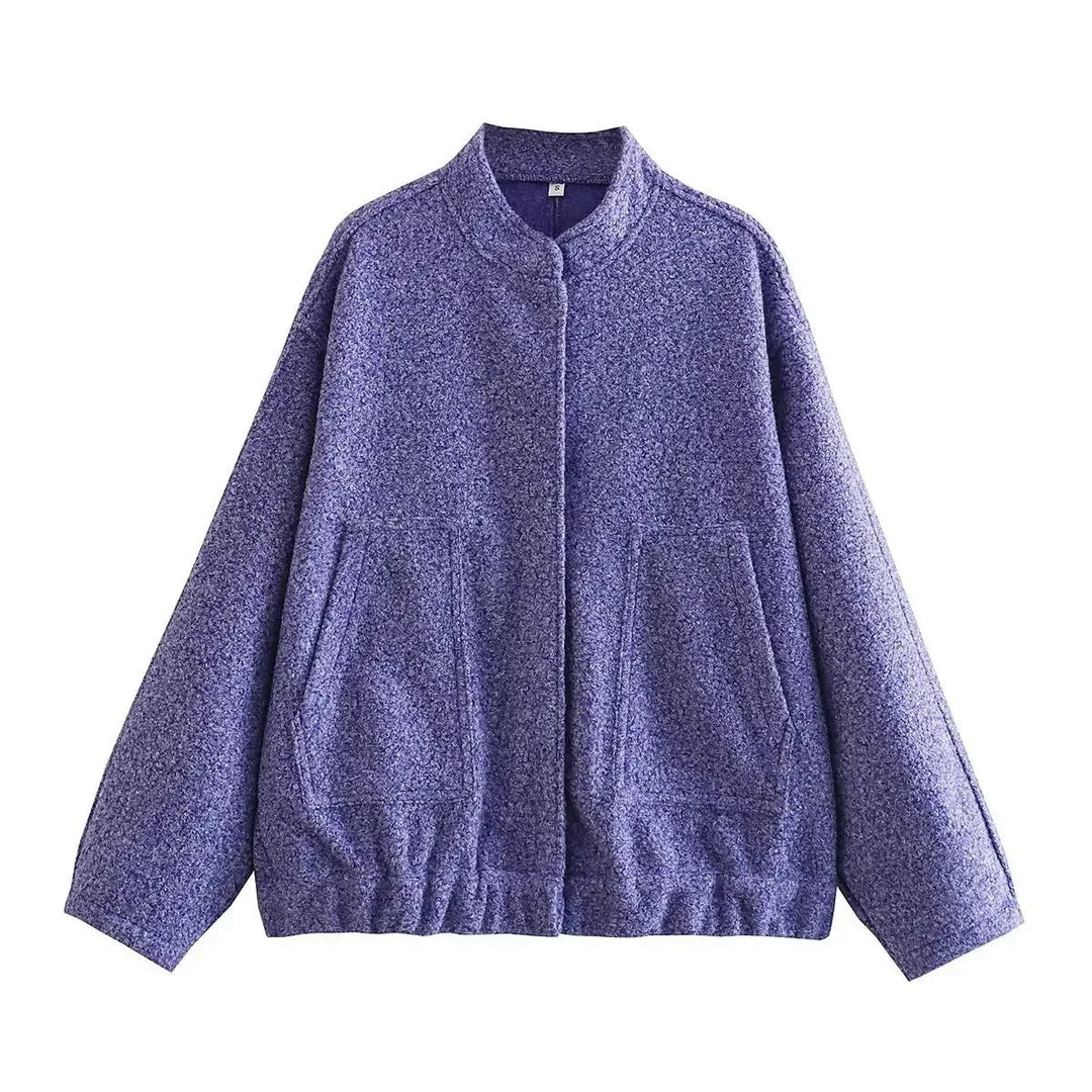 Dame oversized tweed bomberjakke, blødt tweed, skjulte knapper, afslappet pasform, praktiske lommer, stilfuld lag-på-lag beklædning