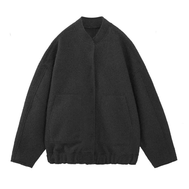 Dame oversized tweed bomberjakke, blødt tweed, skjulte knapper, afslappet pasform, praktiske lommer, stilfuld lag-på-lag beklædning