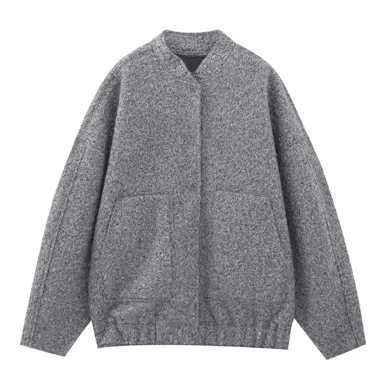 Dame oversized tweed bomberjakke, blødt tweed, skjulte knapper, afslappet pasform, praktiske lommer, stilfuld lag-på-lag beklædning