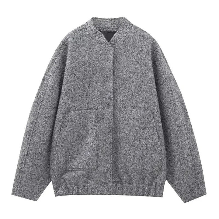 Dame oversized tweed bomberjakke, blødt tweed, skjulte knapper, afslappet pasform, praktiske lommer, stilfuld lag-på-lag beklædning