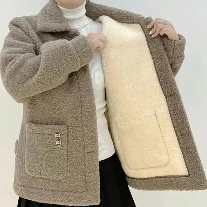 Naisten paksu fleece-takki, lämpimästä turkisvuoresta, yksirivinen, tyylikäs talvivaatetus kylmiin päiviin.