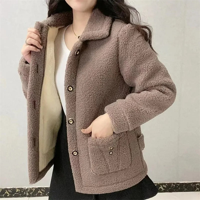 Naisten paksu fleece-takki, lämpimästä turkisvuoresta, yksirivinen, tyylikäs talvivaatetus kylmiin päiviin.