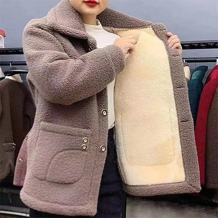 Naisten paksu fleece-takki, lämpimästä turkisvuoresta, yksirivinen, tyylikäs talvivaatetus kylmiin päiviin.