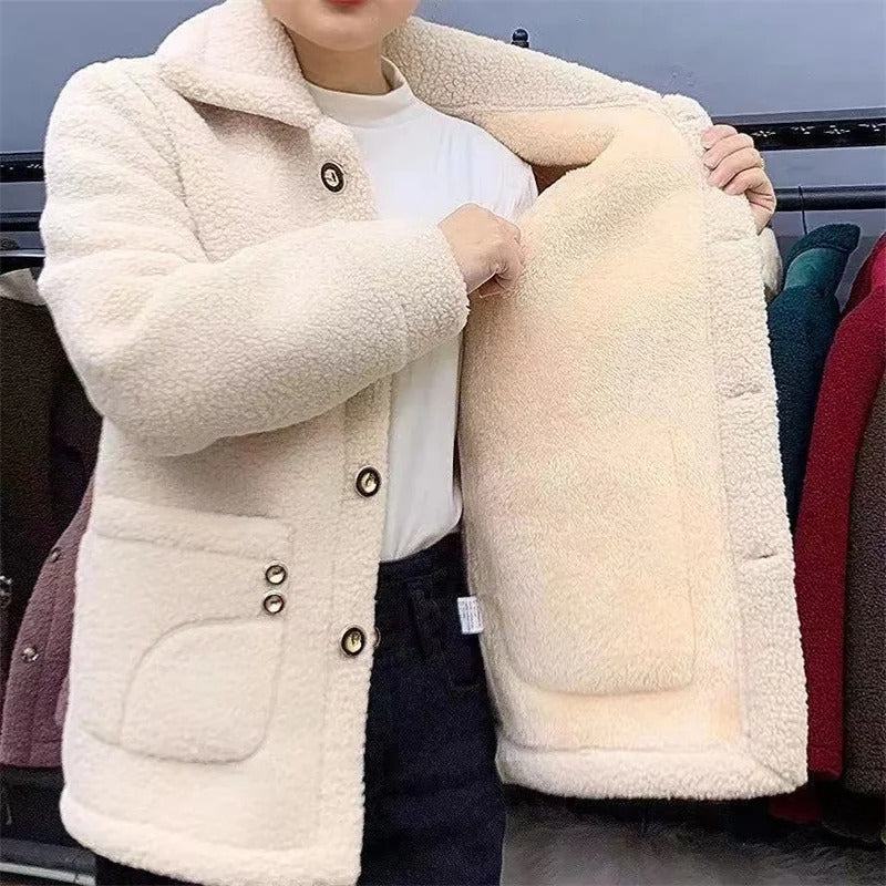 Naisten paksu fleece-takki, lämpimästä turkisvuoresta, yksirivinen, tyylikäs talvivaatetus kylmiin päiviin.