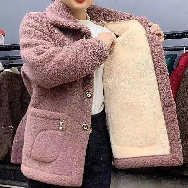Naisten paksu fleece-takki, lämpimästä turkisvuoresta, yksirivinen, tyylikäs talvivaatetus kylmiin päiviin.