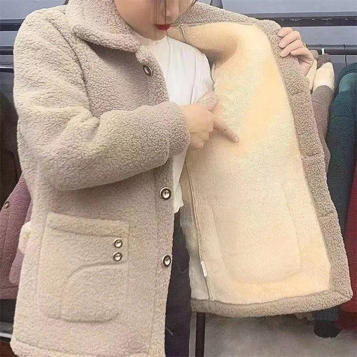 Naisten paksu fleece-takki, lämpimästä turkisvuoresta, yksirivinen, tyylikäs talvivaatetus kylmiin päiviin.