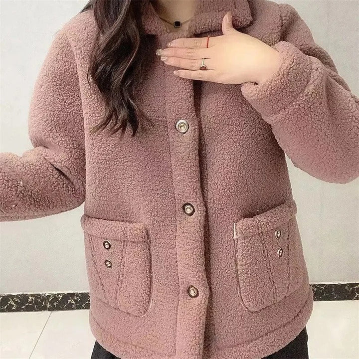 Naisten paksu fleece-takki, lämpimästä turkisvuoresta, yksirivinen, tyylikäs talvivaatetus kylmiin päiviin.
