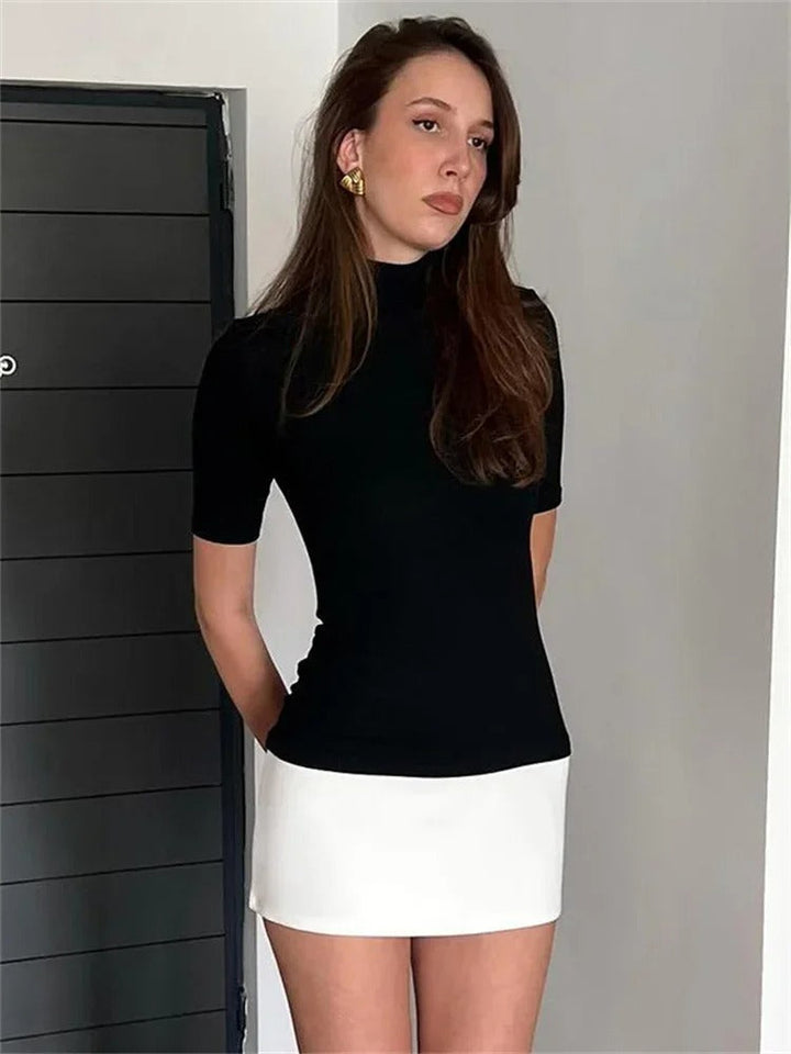 Dame patchwork bodycon kjole med korte ærmer, kontrastfarver, figursyet pasform, åndbart og elastisk stof