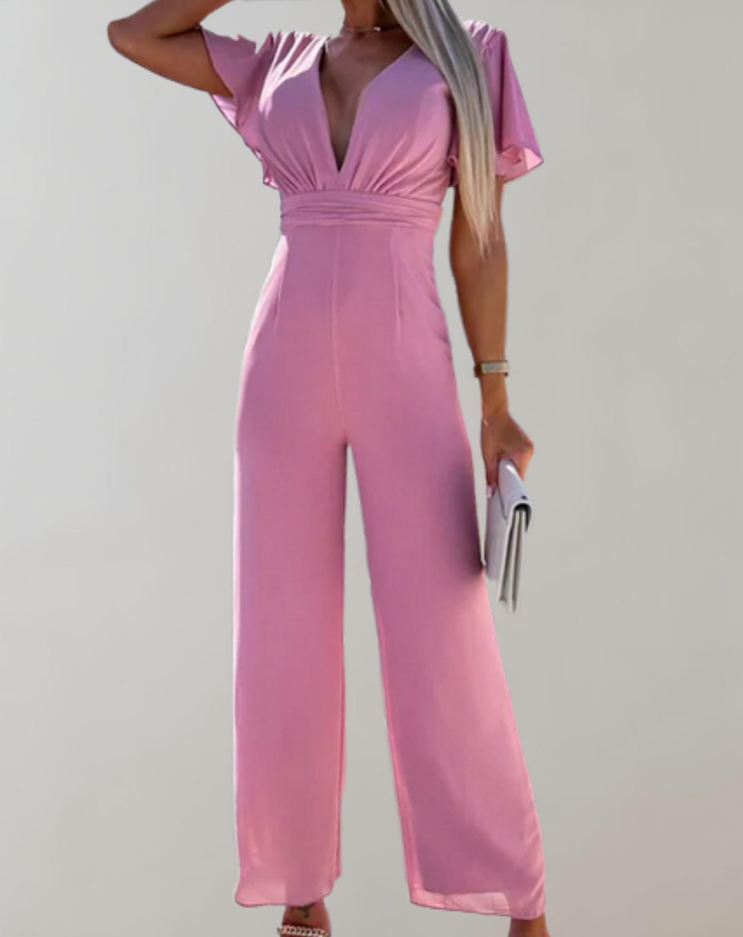 Dame V-hals jumpsuit med brede ben i pink