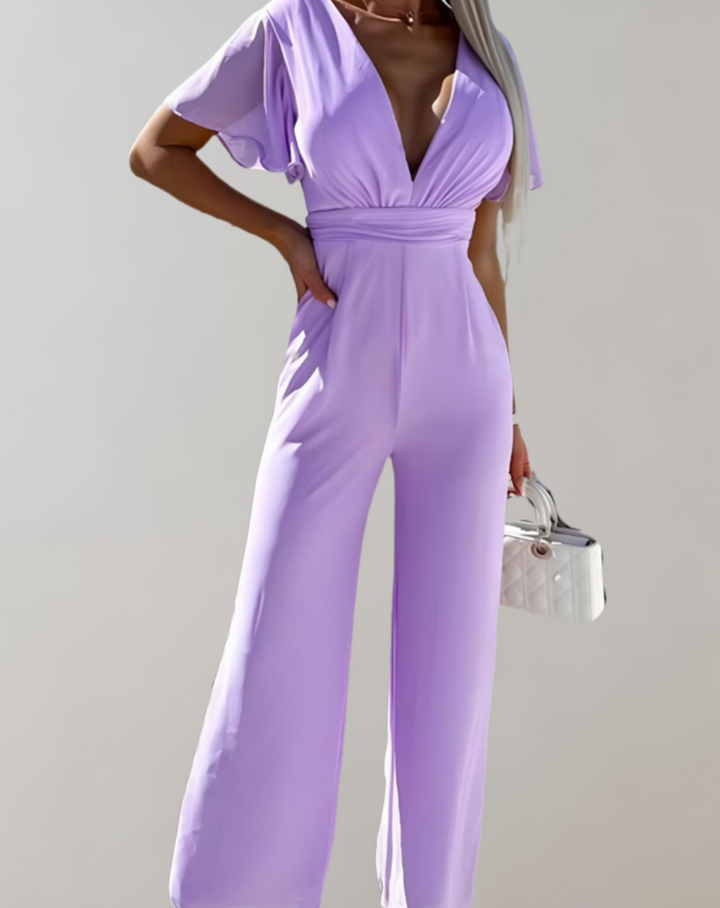 Dame V-hals jumpsuit med brede ben i blå