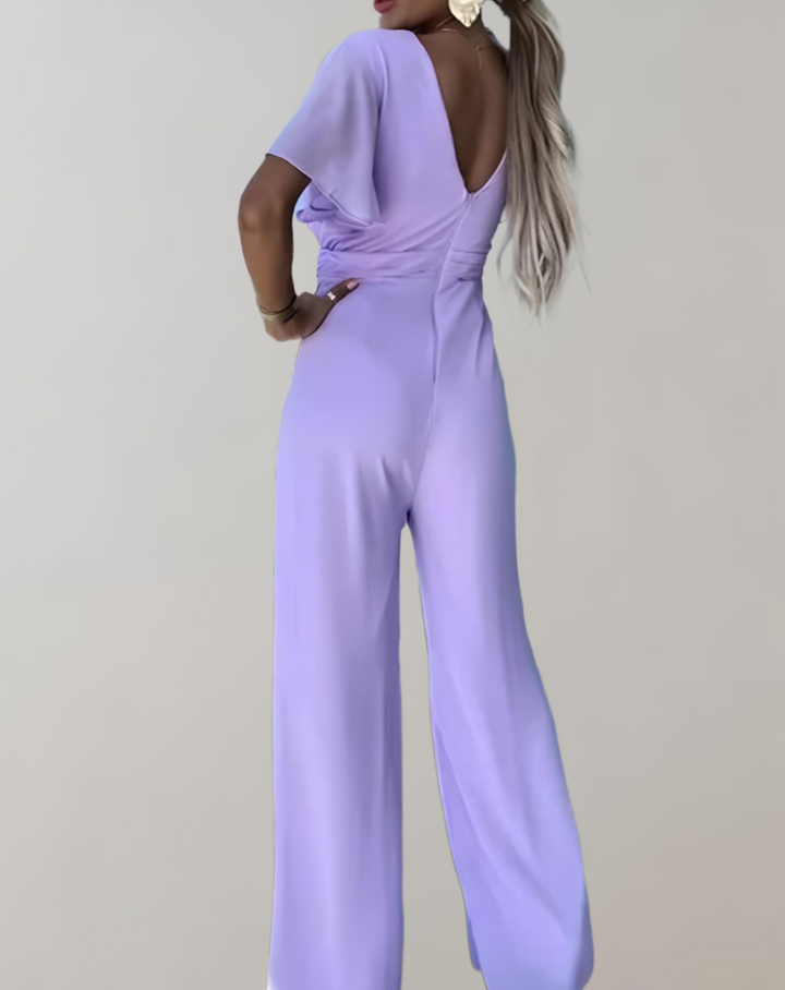 Dame V-hals jumpsuit med brede ben i sort