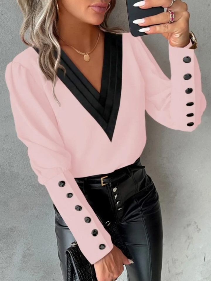 Damebluse med V-hals - elegant design, komfortabel pasform, alsidig til enhver lejlighed.