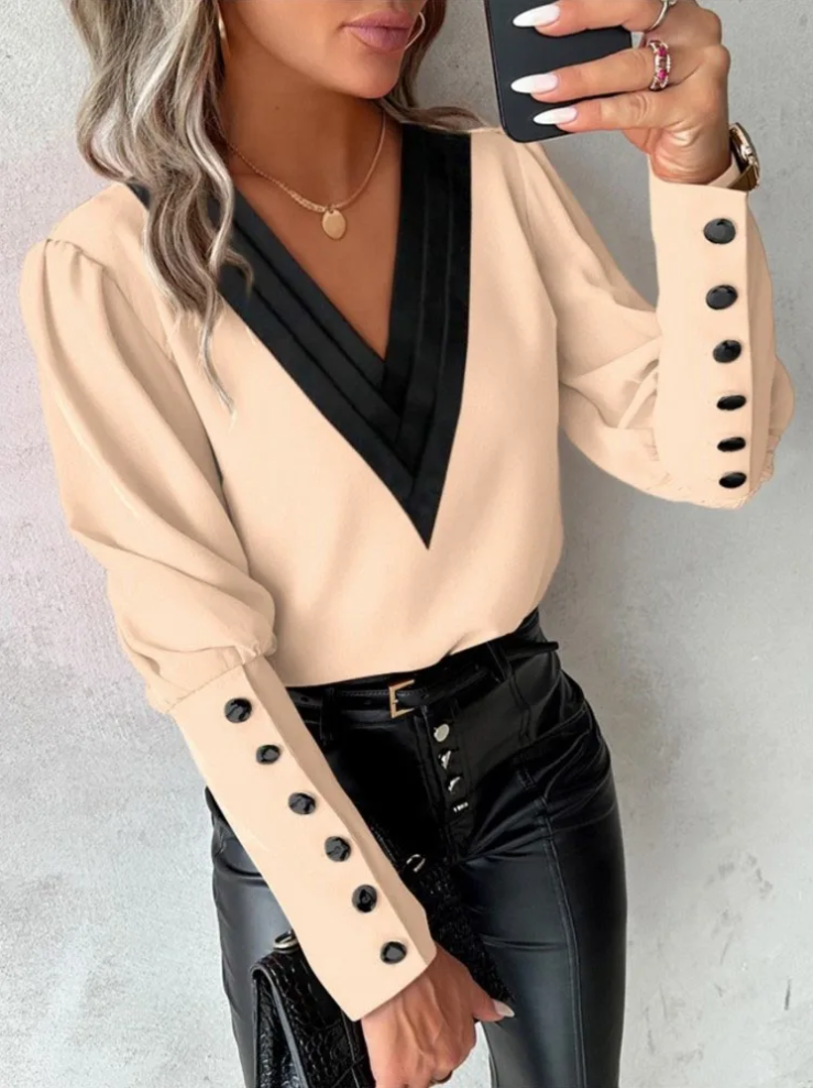 Damebluse med V-hals - elegant design, komfortabel pasform, alsidig til enhver lejlighed.