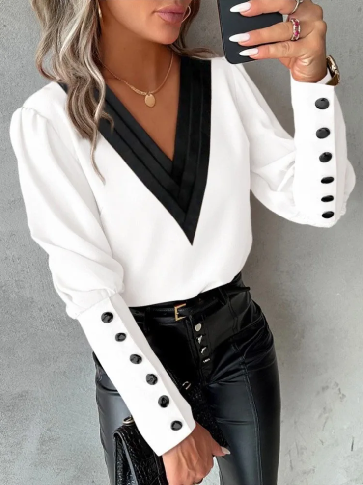 Damebluse med V-hals - elegant design, komfortabel pasform, alsidig til enhver lejlighed.