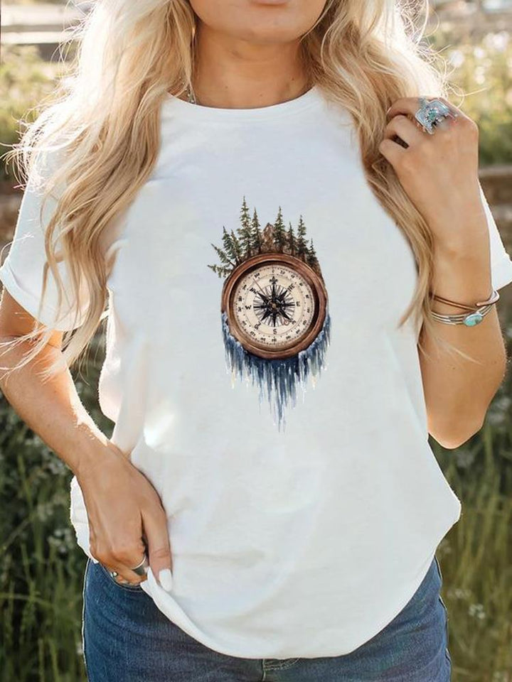 Dame kortærmet t-shirt med print, behageligt og stilfuldt tøj til hverdagen.