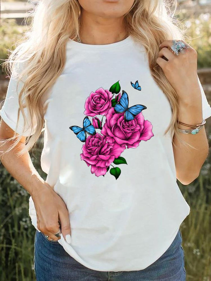 Dame kortærmet t-shirt med print, behageligt og stilfuldt tøj til hverdagen.