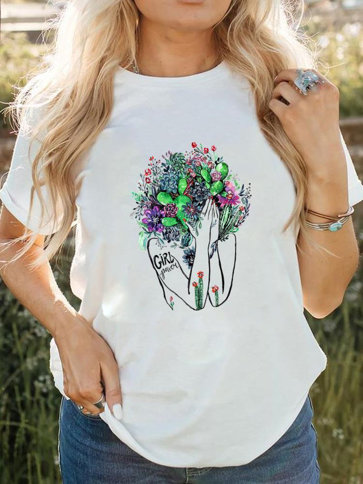 Dame kortærmet t-shirt med print, behageligt og stilfuldt tøj til hverdagen.