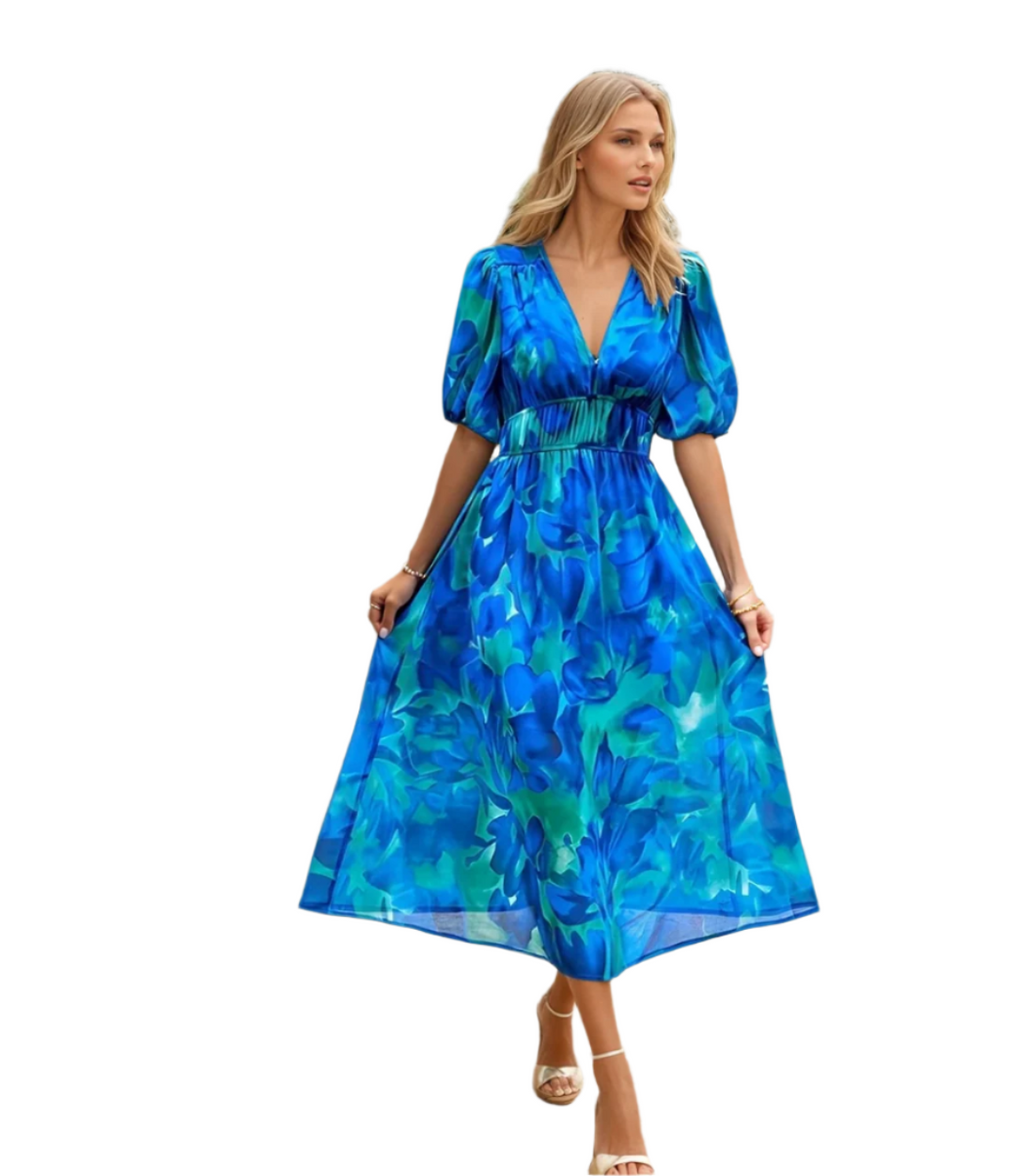 Dame midi kjole med V-hals, elegant og stilfuld, perfekt til enhver lejlighed, blødt materiale.