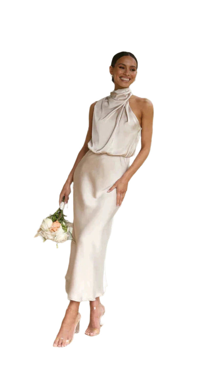 Dame lang satin kjole, elegant silhuet, skinnende overflade, afslappet og stilfuldt outfit i forskellige farver.