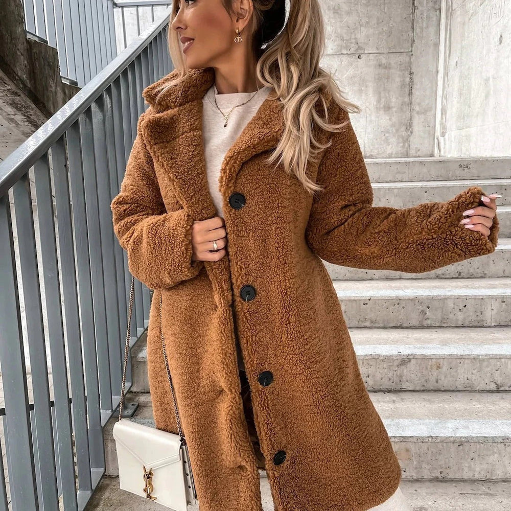 "Naisten pitkä teddy takki tekonahkaa, ylisuuri istuvuus, notched lapel, lämmin syksyn ja talven takki."